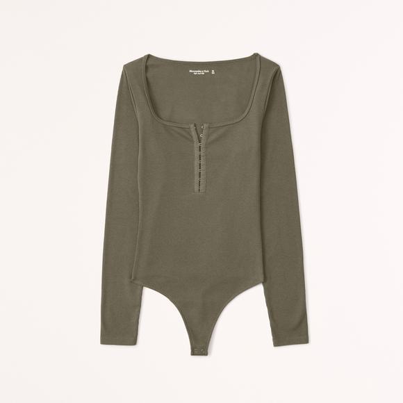 Abercrombie Fitch Longsleeve Hookandeye Henley Bodysuit - S - Olive - Picture 1 of 6